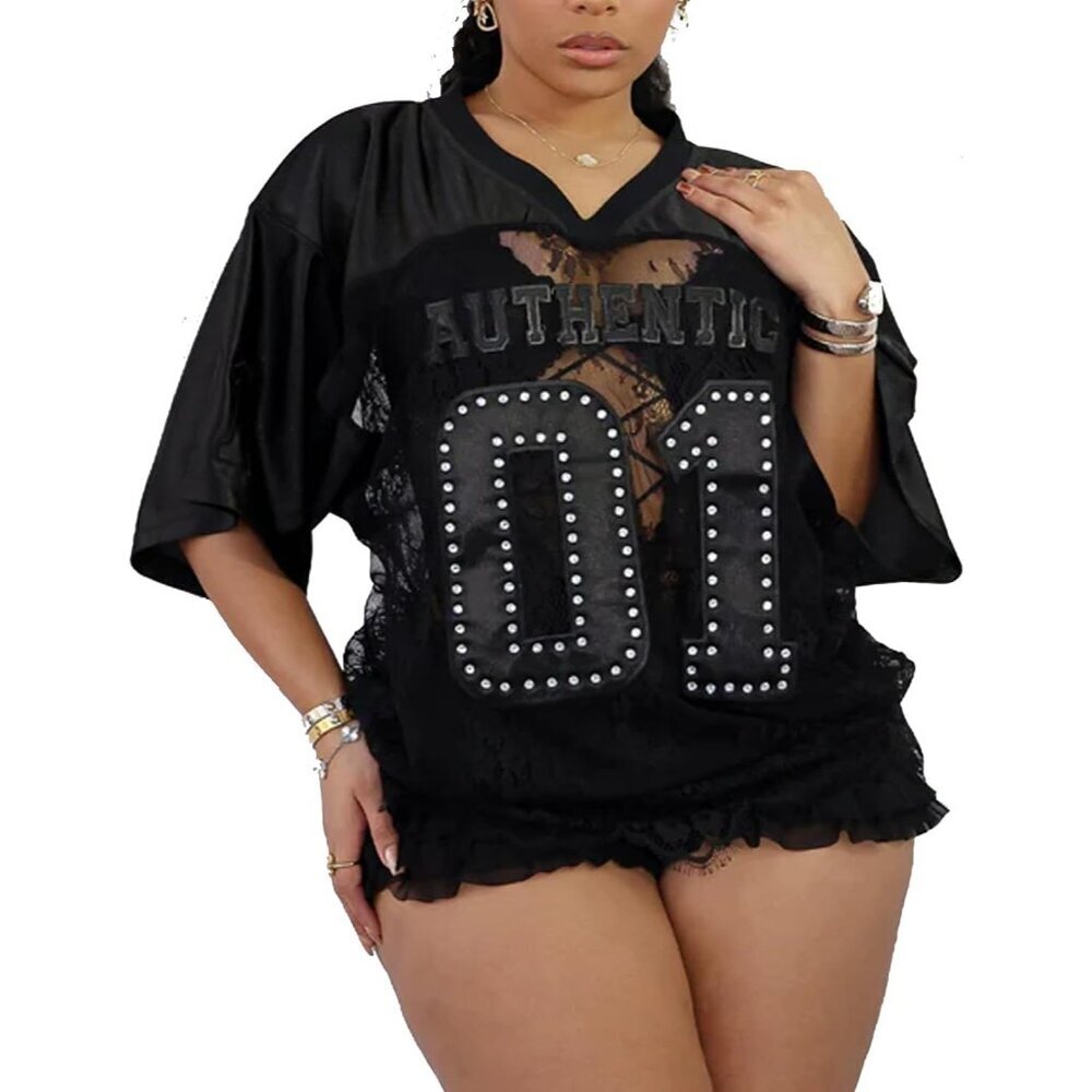 Plus Size Lace Sheer Jersey Shirt V-Neck Short Sleeve Party Top
